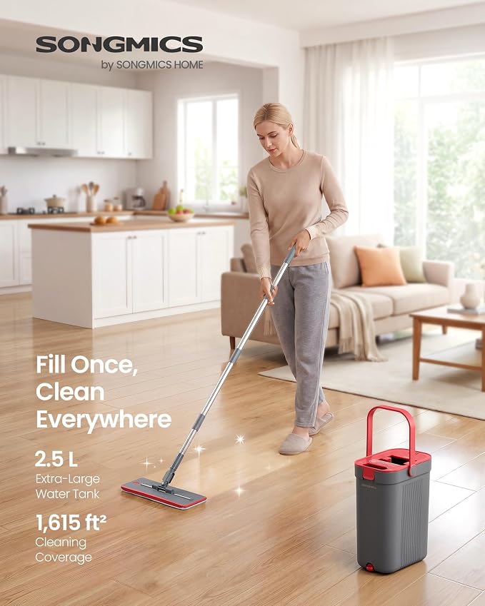 SONGMICS Mop and Bucket Set, Flat Mop with 3-Chamber Clean & Dirty Water Separation System, Wringer Bucket, 360° Rotating Head, 4 Microfiber Pads, Gray and Red ULMB001GT04