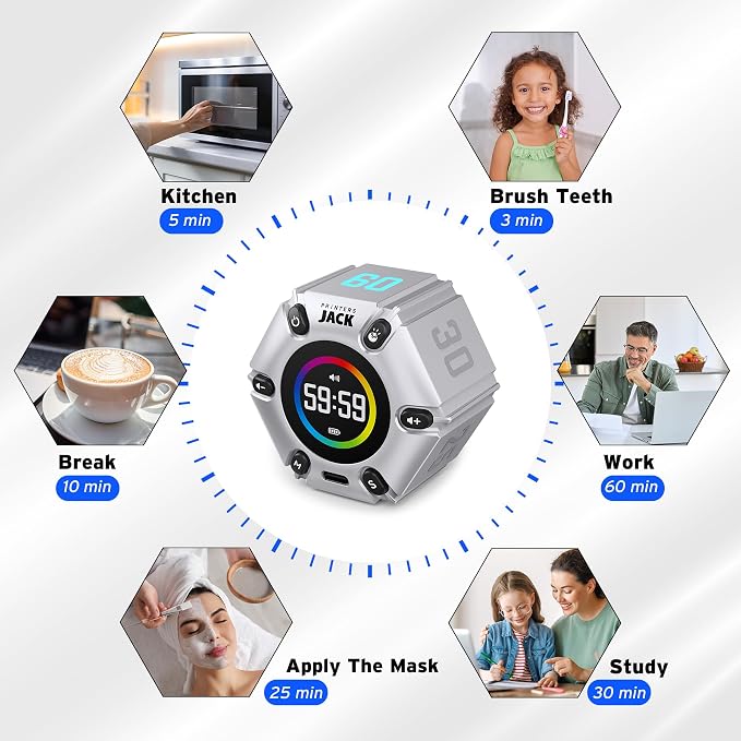 Printers Jack Pomodoro Timer - Productivity Cube, Visual Focus Timer, Mute & Vibration & Adjustable Sound Alert, for Office, ADHD, Study, Work, 3/5/10/25/30/60min & Custom Countdown - Silver