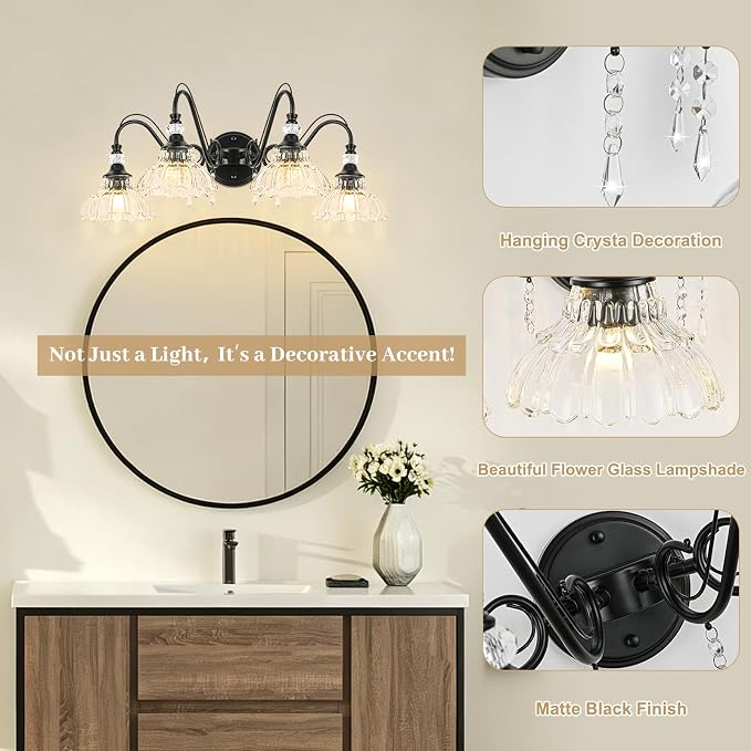 Black Bathroom Vanity Light, 4-Light Matte Black Finish Farmhouse Wall Sconce with Hanging Crystal Accents and Flower-Shaped Clear Glass Shades, Retro Wall Mount Vanity Light Over Mirror for Bathroom