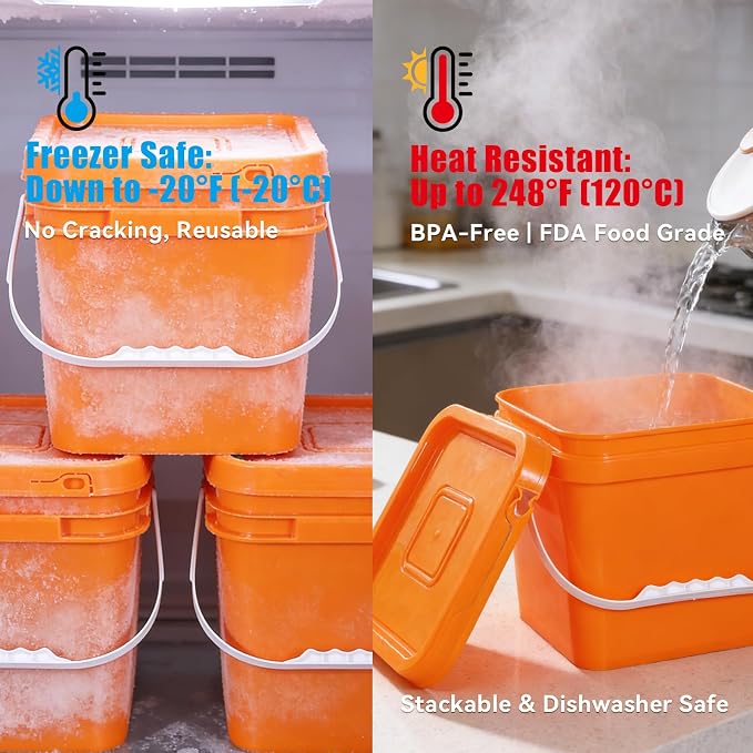 Food Storage Buckets with Lids - 4 Set Square Clear Plastic Containers, Airtight Pressure Seal & Handle for Kitchen Freezer Prep (Orange, 1.3 gal)