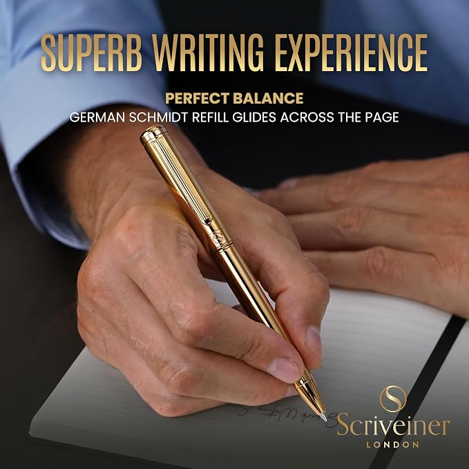 Scriveiner Personalized Gold Ballpoint Pen - Stunning Luxury Pen, Real Gold Plating, Schmidt Ink Refill, Best Engraved Ball Point Gift Set for Men & Women, Custom Name Engraving