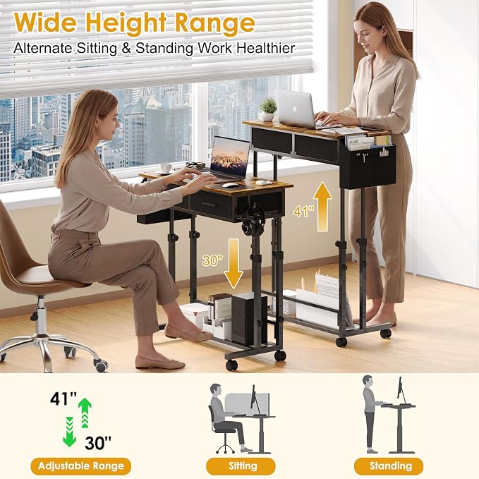 Small Rolling Standing Desk, Height Adjustable Mobile Sturdy Desk with 2 Fabric Drawers & Storage Shelf, Portable Sofa Side Laptop Table for Home Office, Small Spaces, 31.41"" x 15.74"", Rustic Brown