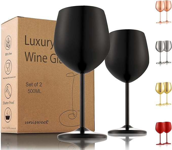 UNISWEET Unbreakable Stainless Steel Wine Glasses Set of 2, Matte Black | 17oz Unique Fancy Metal Wine Goblets, Shatterproof, Ideal for Outdoor, Camping, Travel, Pool, Great Gift for Wine Lovers