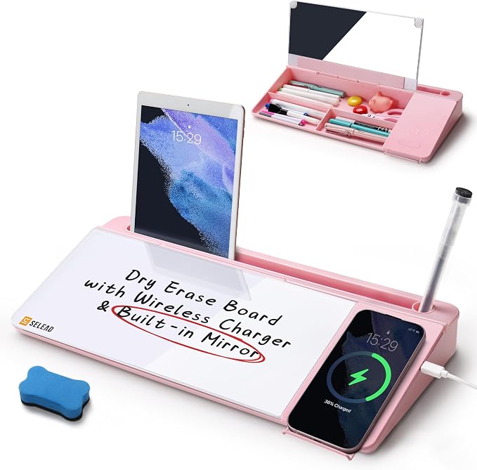 SELEAD Desktop Glass Whiteboard with Wireless Charger Station and Mirror, Dry Erase Board Computer Pad Keyboard Stand with Organizer for Home, School, Office Desk Accessories, Pink