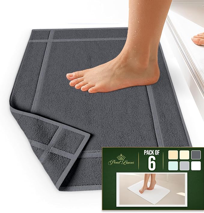 Pearl Linens 100% Ring Spun Cotton Bath Mat (Pack of 6) 18 x 25 Inch, Washable, Soft & Absorbent Terry Bathroom Floor Mat – Not Bathroom Rugs – Quick-Dry After Shower Bath Mat, 781 GSM, Grey
