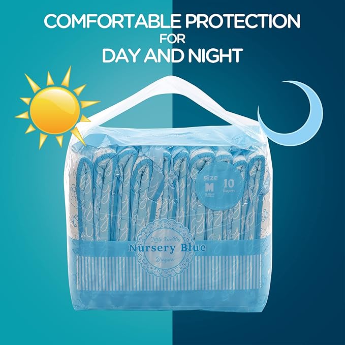 Littleforbig Adult Printed Diaper 10 Pieces - Nursery Blue (Medium 28"-38")