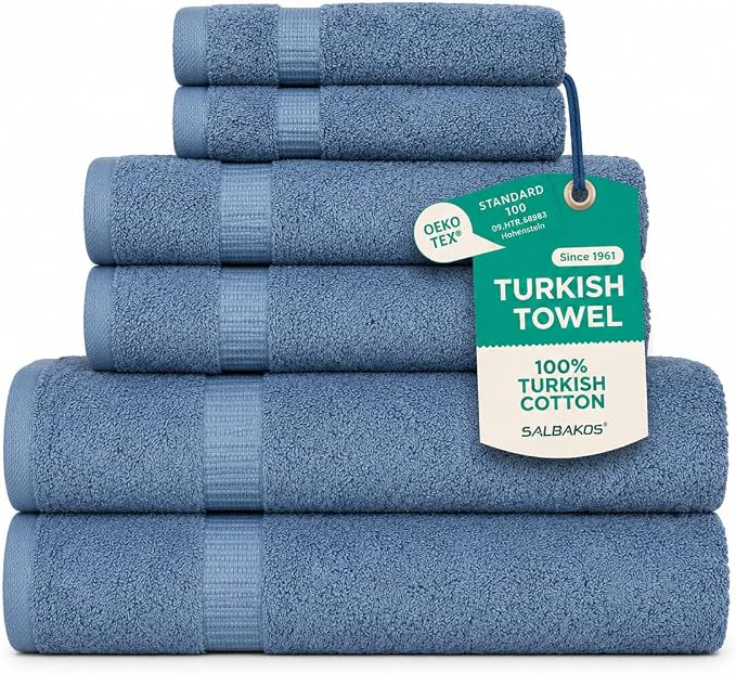 SALBAKOS 100% Turkish Cotton Bathroom Towel Set of 6-Piece, Blue | 630 Gsm Thick Super Soft Highly Absorbent 2 Bath + 2 Hand + 2 Washcloth Towels Sets, Giftable, Hotel Quality, Made in Turkey