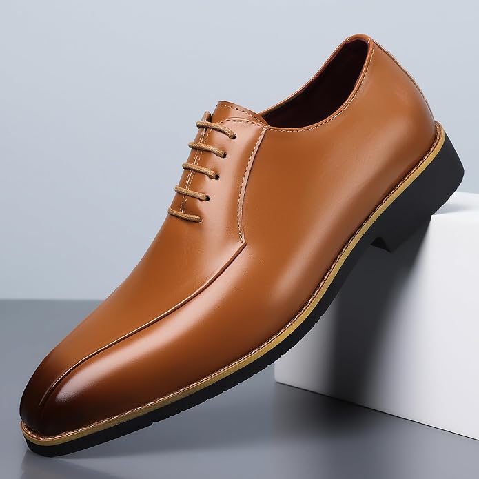 Santimon Men's Leather Dress Shoes - Oxford Lace Up Formal Business Shoes for Men - Polished Leather Dress Shoes with Low Heel