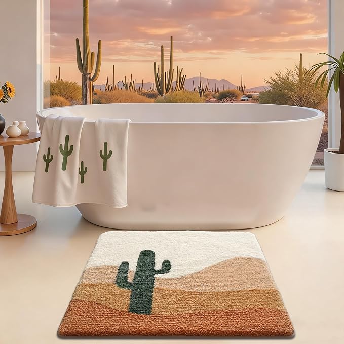 LUMI Bathroom Rugs with Cactus Plant, Square Bathroom Mat, Ultra Soft, Absorbent Quick Dry, Non-Slip Washable Shower Rugs, Luxury Carpet for Shower Floor, Bathtub, Home Decor, 26"x26"