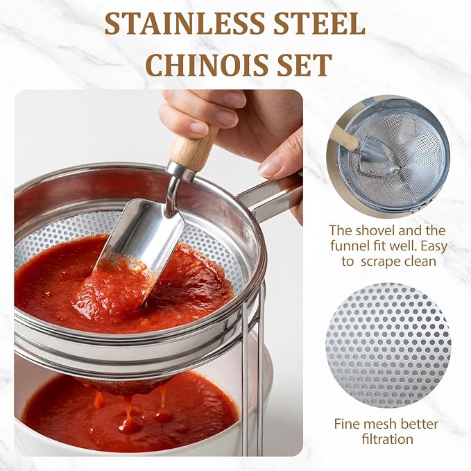 8 inch Stainless Steel Chinois Strainer with Stand, Fine Mesh China Cap Strainer with handle and Pestle for Tomato, Fruit,Soup and Jam Making.