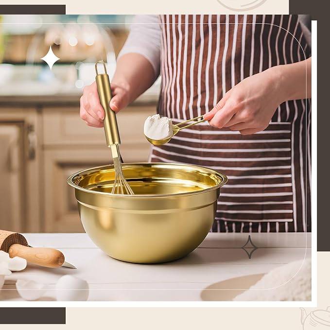 LemonRoad 10 Pcs Gold Kitchen Accessories Set, Includes Gold Mixing Bowls with Airtight Lids, Stainless Steel Colander, Grater Slicer, Lemon Squeezer, Peelers, Egg Whisk, Measuring Cups and Spoons