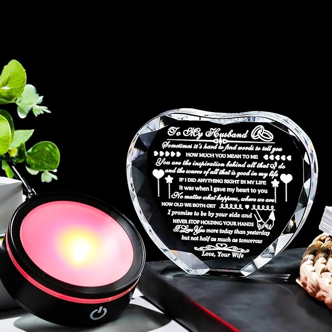 Gifts for Husband with Colorful LED Base Romantic Anniversary Wedding Gifts for Men Crystal Heart to My Husband Birthday Gift from Wife I Love You Gifts for Him on Valentine's Fathers Day Christmas
