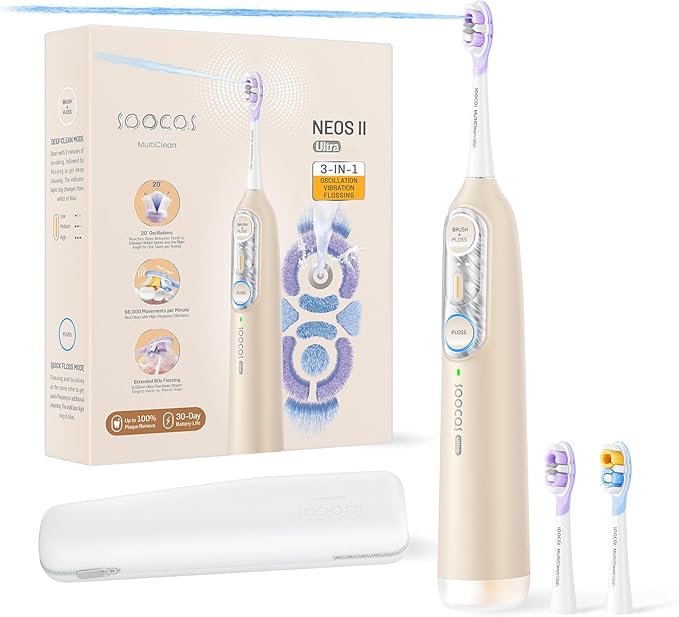 Soocas NEOS II Ultra – Electric Toothbrush with Water Flosser Combo, 3-in-1: Flosses, Vibrates and Oscillates, Flossing Toothbrush for Adults, Cordless Water Flosser for Travel, Champagne Gold