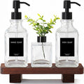 Kitchen Soap Dispenser Set with Wood Tray, Clear Glass Soap Dispenser with Pump, Decorative Hand and Dish Soap Dispenser Set, Soap and Lotion Dispenser Upgrade for Kitchen and Bathroom Decor
