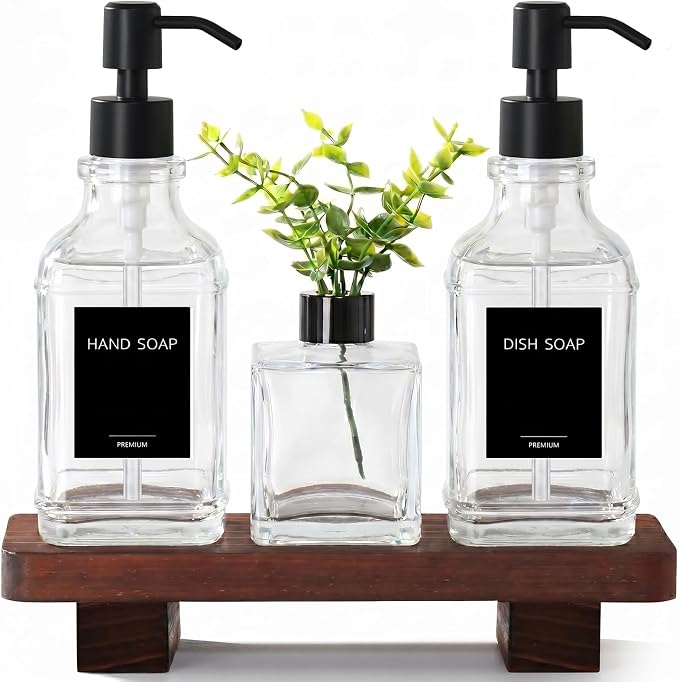 Kitchen Soap Dispenser Set with Wood Tray, Clear Glass Soap Dispenser with Pump, Decorative Hand and Dish Soap Dispenser Set, Soap and Lotion Dispenser Upgrade for Kitchen and Bathroom Decor