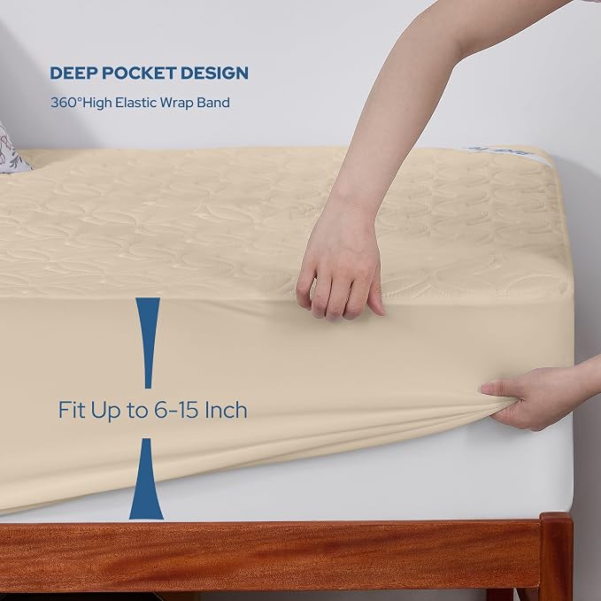 BEDLORE Waterproof Mattress Protector, Twin XL Size Mattress Pad with Deep Pocket 6"-15" Depth, Soft Breathable Bed Mattress Cover for Bedroom, College Dorm (Beige)