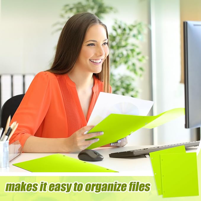 Yeaqee 72 Pcs Plastic Folders with Pockets Bulk 3 Hole Punched 2 Pocket File Folders for 3 Ring Binder Divider Folder for Notebooks, Durable Poly for Office Home (Neon Green)