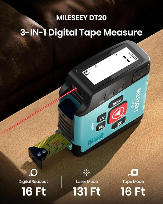 MILESEEY DT20 Digital Laser Tape Measure,131Ft Laser Distance Meter & 16Ft Digital Tape, Rechargeable, 1/16" Accuracy, Large Backlit Display, Ft/In/M/CM/MM Units, Area Volume for Home DIY Construction