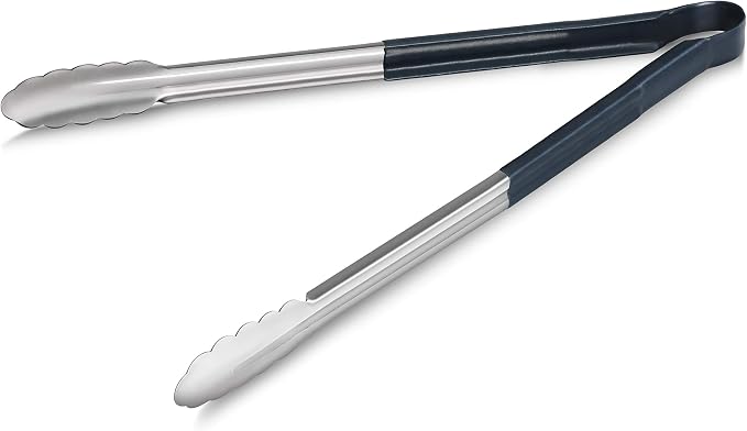 New Star Foodservice 16 Inch Utility Spring Tongs, Set of 12, Commercial Restaurant Grade Stainless Steel Tongs with Blue Vinyl Coated Handles