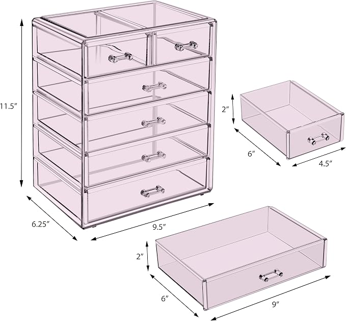 Sorbus Acrylic Makeup Organizer Set, 6-Drawer Vanity & Countertop Cosmetic Storage with Small & Wide Drawers, Purple Makeup Storage for Brushes, Lipsticks, Jewelry – Holiday Gift for Women & Teens