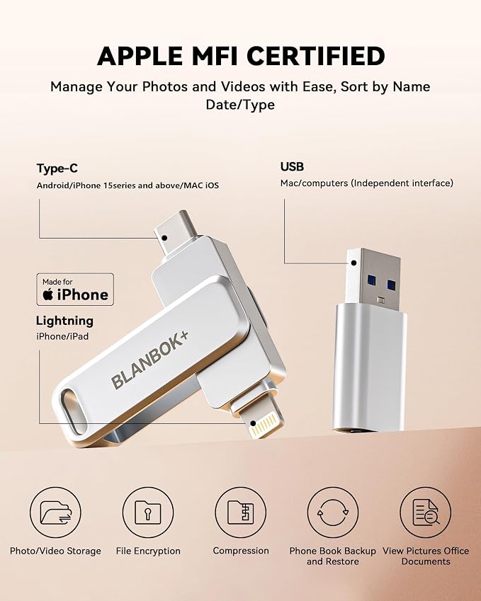 MFi Certified 256GB iPhone Photo Stick, High-Speed USB Flash Drive Memory Storage for Video Backup, Compatible for iPhone/iPad/Android/PC (Silver)