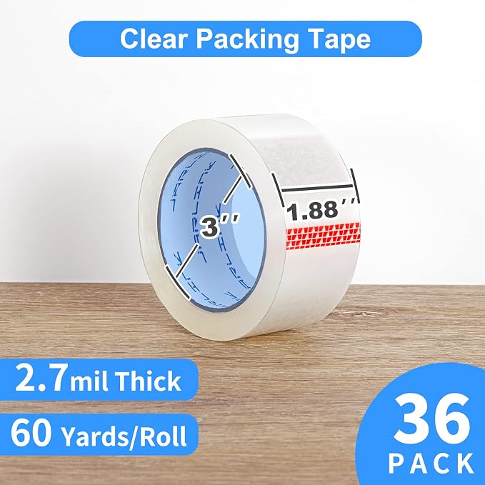 JARLINK 36 Rolls Clear Packing Tape, Heavy Duty Packaging Tape | 2.7mil Thick and 1.88" Wide. 60 Yards per Roll, 2160 Total Yards. Moving Supplies for Shipping Packaging Sealing
