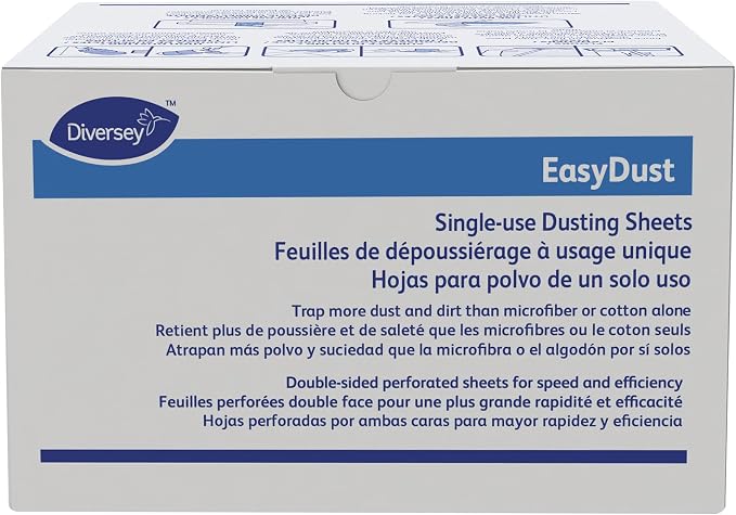 Diversey 9292466 EasyDust Single-use Dusting Sheets, Disposable Multisurface Cleaning Wipes for Floors, Dust Wipes Trap Dirt, Unscented 5x6-inch Sheets, 250-Sheets, 1-Box (Pack of 6)
