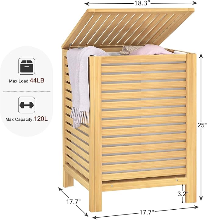 Bamboo Laundry Hamper with Lid, 120L Large Clothes Laundry Sorter with Removable 2-Section Liner Bag, Raised Laundry Basket Organizer for Clothing, Bathroom, Bedroom, Laundry Room, Natural