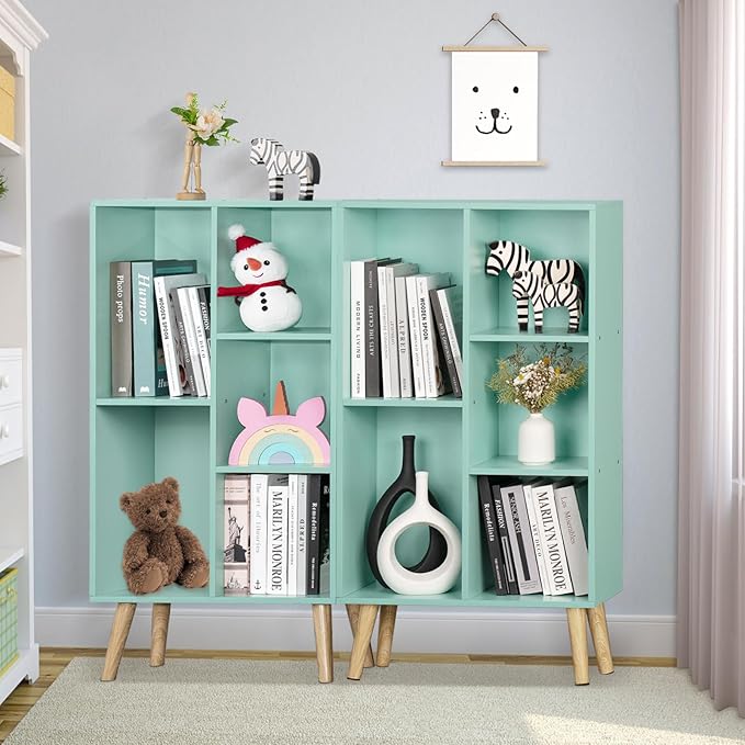 LEYAOYAO 5 Cube Bookshelf, Mid-Century Modern Book Shelf with Legs, Green | 3 Tier Bookcase, Rustic Wood Bookshelves Freestanding Small Storage Organizer, Open Shelves for Bedroom, Living Room, Office