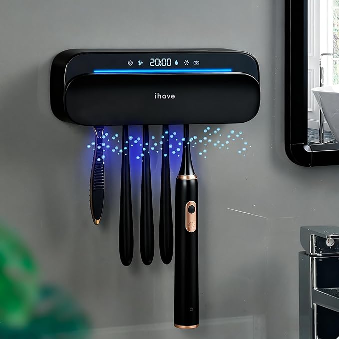 iHave Toothbrush Sanitizer and Holder, UV Toothbrush Holders for Bathrooms with 100M Negative Ions for 360° Disinfection, Mold Prevention & Odor Removal, 5-Slot Turbofan Drying Toothbrush Holder