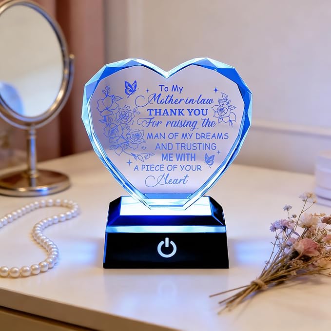 ZHSHWAT Heart Shaped LED Crystal Plaque - Engraved to My Mother in Law Thank You Gift, Perfect Birthday, Mother's Day Present from Daughter in Law/Son in Law