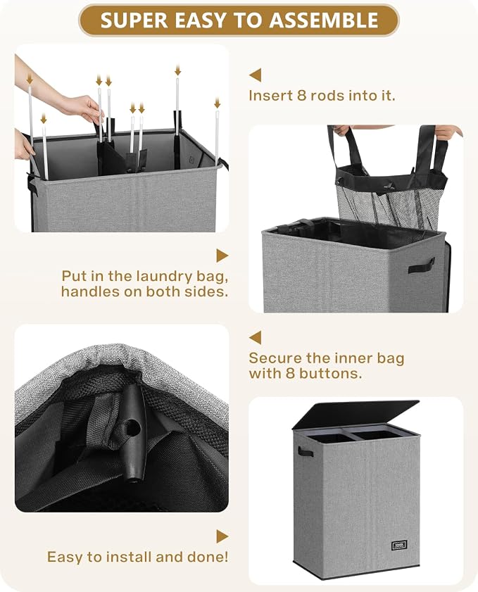 SOLEDI Double Laundry Hamper with Lid, 130L Clothes Hamper 2 Section, Laundry Basket with Removable bag, Bed room decor aesthetic, laundry room organization, Home and dorm room essentials
