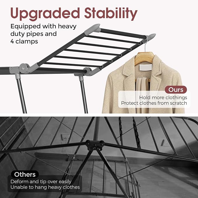 APEXCHASER Clothes Drying Rack Foldable, Large Drying Rack Clothing, Winged Laundry Rack Folding Indoor Outdoor, Metal Clothes Airer for Bedding Towel Sweater Heavy Duty, 68.9" X 22" X 41.3", Black