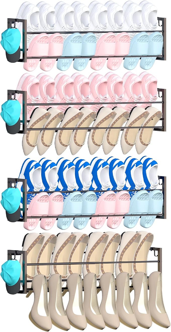 4 Pack Wall Mounted Shoe Rack for Narrow Spaces, Hanging Shoe Rack Holds 32 Pairs, 17"-30"Adjustable Heavy Duty Wall Shoe Storage with 8 Storage Hooks, Space Saving for Closet Entryway Door, Black