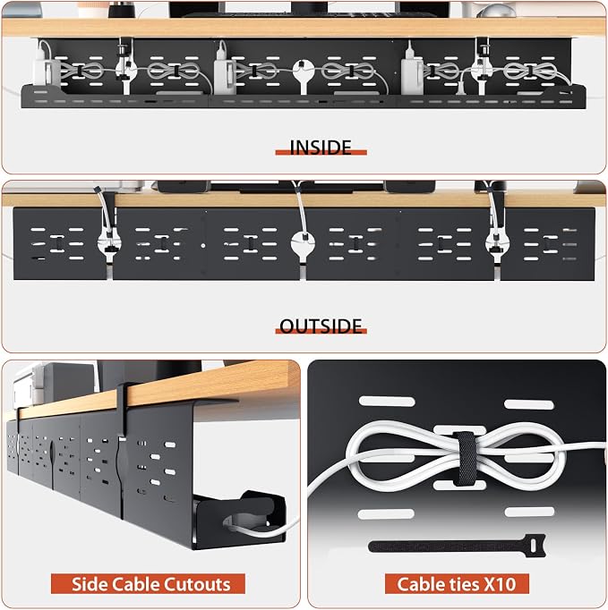 Univivi Under Desk Cable Management Tray - 48" Steel Cord Organizer, No-Drill C-Clamp & Screw Mount for Office/Home, Effortless Wire Management (Black)