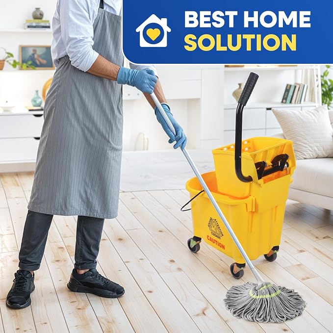 PLASTIC PRINCE Commercial Mop Bucket with Wringer on Wheels, Heavy Duty Industrial Mop Bucket and Wringer for Home Office Restaurant Business, 26 Quart - Yellow