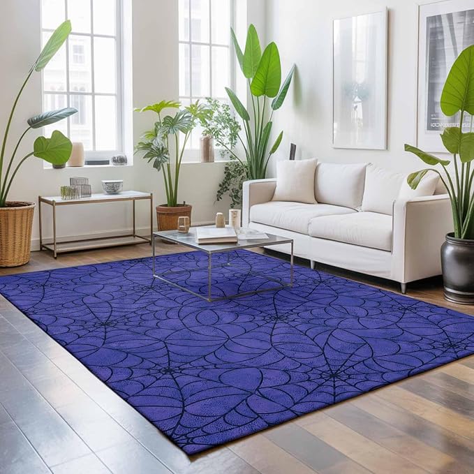 Large Area Rug 8'x10', Navy Blue Halloween Washable Rectangular Area Rugs for Bedroom Living Room Office, Black Spiders Net Classic Gingham Non Slip Kitchen Rug Mats Indoor Floor Accent Throw Carpet