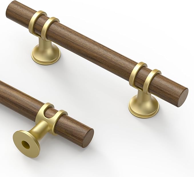 Asidrama 10 Pack 3 Inch(76mm) Wood and Gold Cabinet pulls Kitchen Cabinet Handles, Cabinet Pulls Kitchen Cabinet Hardware for Cupboard Drawer Pulls