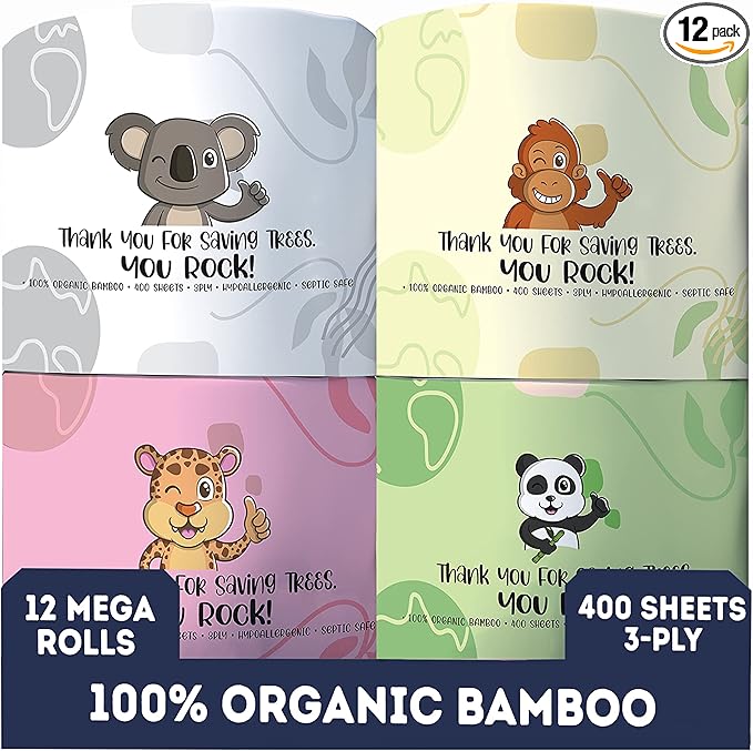 MOTHER EARTH Bamboo Toilet Paper - Ultra Soft & Strong 3-Ply Bath Tissue, 400 Sheets Per Roll, Hypoallergenic & Septic Safe, Mega Rolls, Pack of 12 Rolls