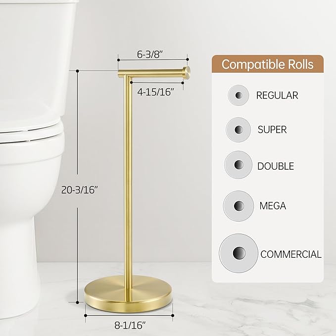 KES Gold Toilet Paper Holder Free Standing SUS 304 Stainless Steel Rustproof Pedestal Lavatory Tissue Roll Holder Floor Stand Modern Brushed Gold Finish, BPH283S1-BZ