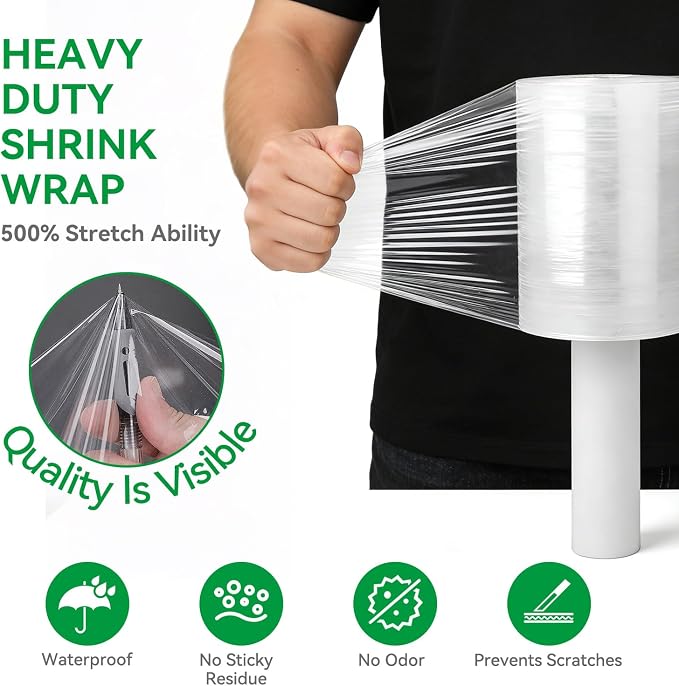 Plastic Shrink Wrap Roll, 5" x 1200', 12 Rolls | 80 Gauge, 500% Stretch, With Handles, Stretch Film WrapFor Moving, Shipping, Packing, Pallet & Furniture Protection