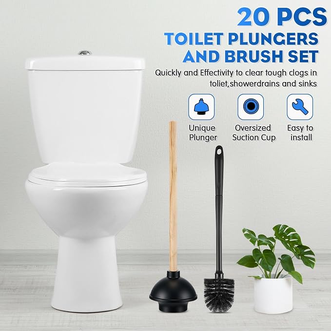 Sawysine 20 Pcs Commercial Toilet Plunger and Brush Set 6 Pack 18" Rubber Plunger with Double Thrust Force Suction Cup Handle and 6 Pack 16.54" Toilet Bowl Brush Bulk for Store Restaurant (Wood)