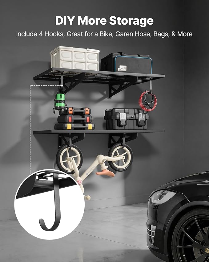 VEVOR 2-Pack Heavy Duty Garage Wall Shelving, 2 x 4 ft Steel Wall Mounted Shelving Unit with Hooks, 24 x 48 Inch Per Shelf Floating Storage Metal Rack for Garage, 500 lbs Total Weight Capacity