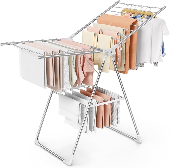 Sakugi Clothes Drying Rack with Height-Adjustable Wings, Metal Foldable Laundry Dryer Stand for Clothing & Bedding, Free-Standing Collapsible for Indoor & Outdoor Use, 55.5" L × 22.8" W, Silver White