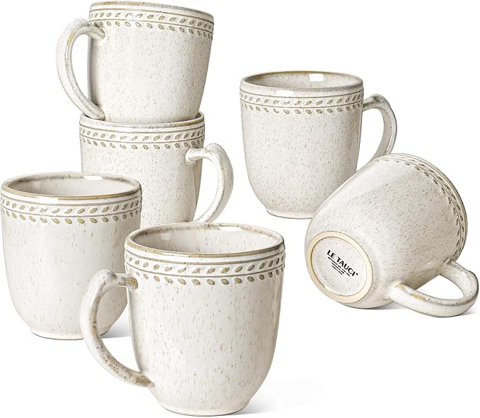 LE TAUCI Coffee Mugs 12 oz,Ceramic Mug Set, Embossment Cups for Espresso, Hot Tea, Cappuccino, Mocha, Cocoa,Suit For Housewarming Wedding- 3.6 inch, Set of 6, Birch