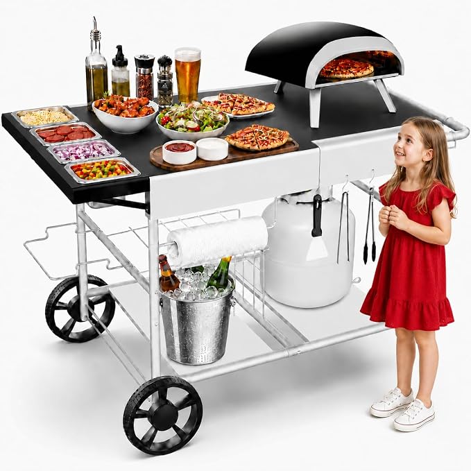 50"x 25" Pizza Oven Table,Outdoor Pizza Cart with Topping Station Grill Table Stand with Wheels for Ninja, Blackstone Griddle, Ooni, Gozney, Cuisinart.