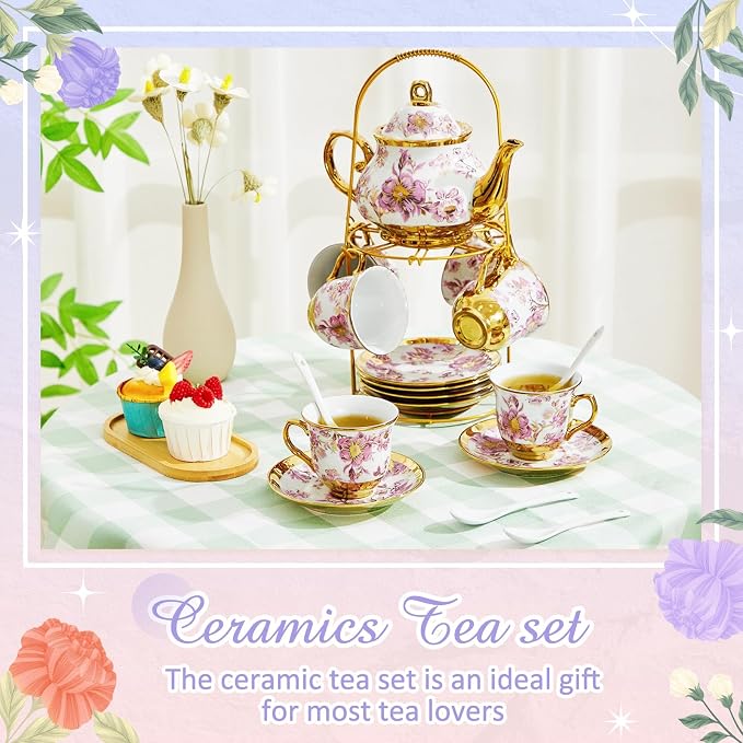 Zhehao 20 Pcs Porcelain Tea Set with Metal Holder and Spoon Adult Ceramic Tea Set European Flower Painting Teapot Cup Saucer Spoon for Women Mom Gift, Large Version (Purple Style)