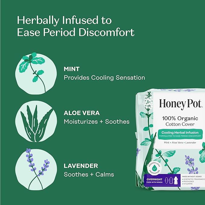 The Honey Pot Company - 48 ct - Herbal Pads for Women - Overnight w/Wings - Infused w/Essential Oils for Cooling Effect & Organic Cotton Cover - Feminine Care