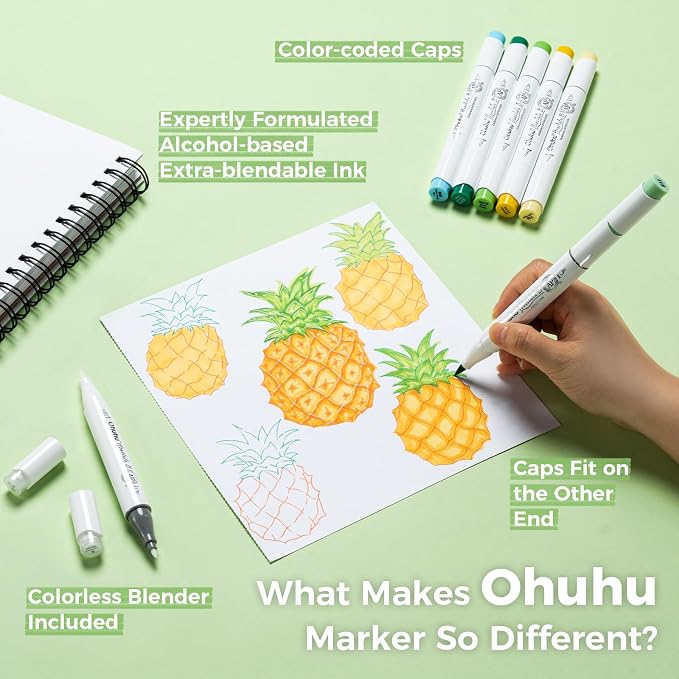 Ohuhu Alcohol Based Brush Markers -Double Tipped Art Marker Set for Artists Adults Coloring Sketch Illustration - Brush & Fine Dual Tips - 216 Colors - Honolulu B of Ohuhu Markers - Refillable Ink