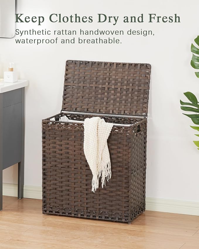 SETVSON Laundry Hamper with Lid Wicker Laundry Basket 112L PE, Brown | Large Family Clothes Sorter Trunk with Lid, 3 Compartment Washable Liners, 6 Mesh Bags, Collapsible Steel Frame